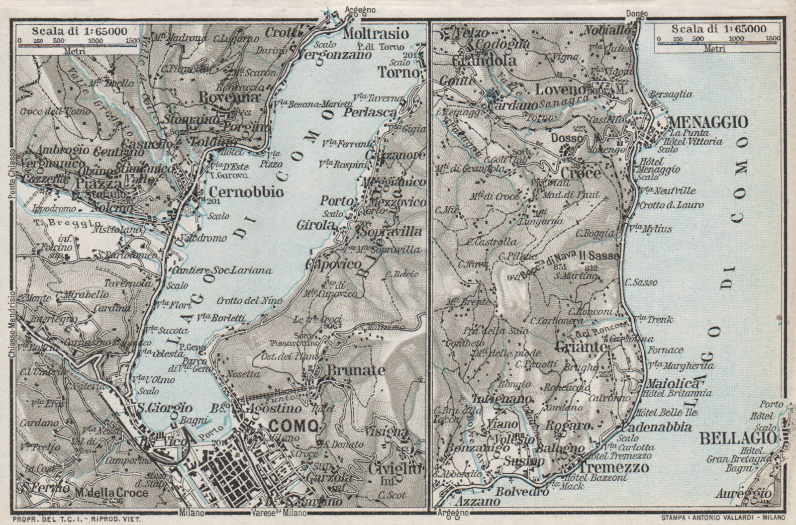 LAKE LAGO DI COMO. Vintage map plan. Menaggio Bellagio. Italy 1924 old